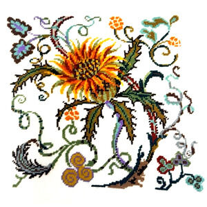 Vtg. Hand Crafted Cross Stitch "Study of SUNFLOWERS" Floral 23" x 23" Portugal
